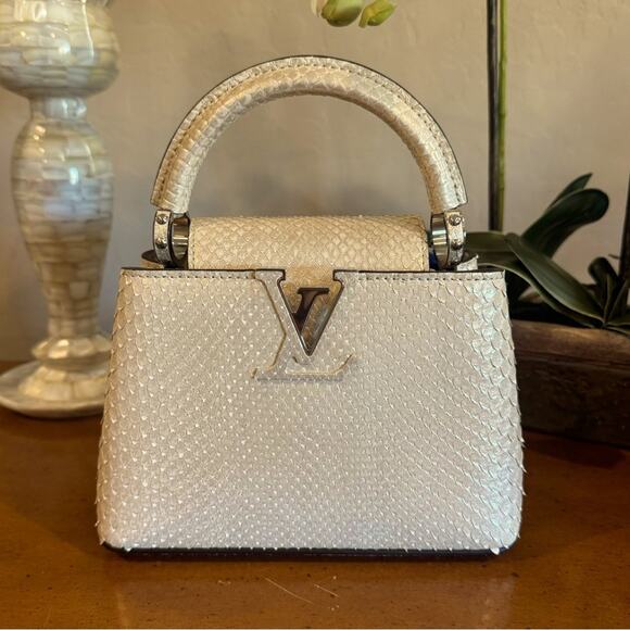 8.3" x 5.5" x 3.1" approx Handbags - Louis Vuitton Capucines Mini Gold Python Paris Exclusive